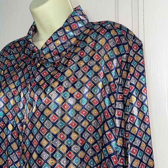 Vtg 80s/90s Yves St Clair 2 multi colored diamond print shiny blouse - Picture 3 of 10